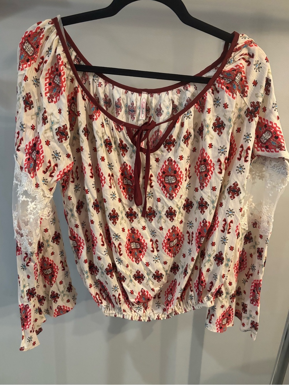 Cream Peasant Blouse with lace sleeves and Red Geo Print size Medium